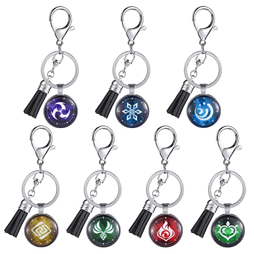 Genshin Impact Porte-clés 7 pièces, porte-clés lumineux avec éléments lumineux qui brillent dans le noir, porte-clés avec pierre œil de dieu multicolore Cover