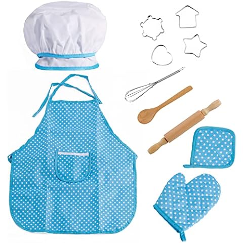 bluesees Chef Set for Kids, 11PCS Chef Play Set Children Kitchen Costume Role Pretend for Boys Girls Toddler Role Play Cooking and Baking set with Apron, Chef Hat, Cooking Mitt,Utensils Cover