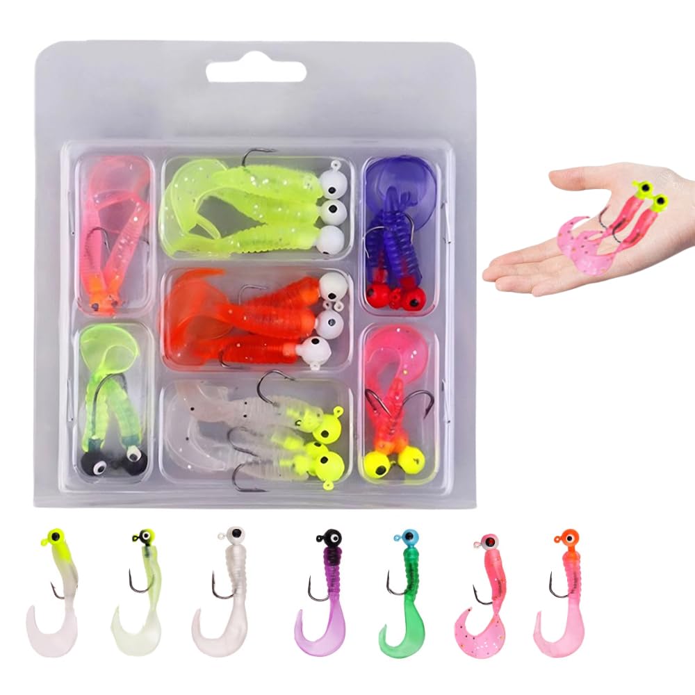 17 PCS Fishing Soft Lures Set Silicone Worm Soft Fishing Baits Artificial Curly Tail Grub Lures with Jig Heads for Bass Trout Catfish Perch Pike