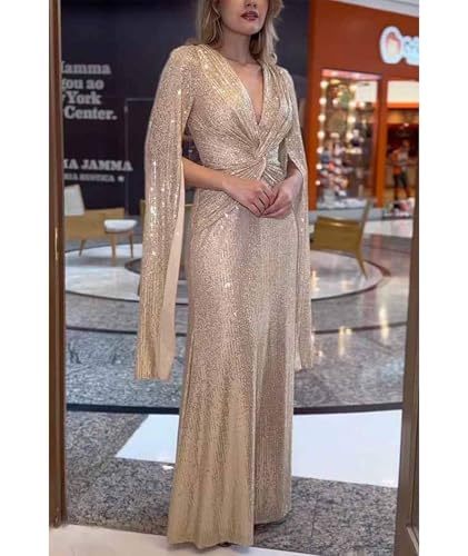 xxxiticat Women's Sequin Prom Dress Long Cape Sleeve V Neck Front Twist Knot Evening Party Wedding Slit Maxi Gown Dresses2