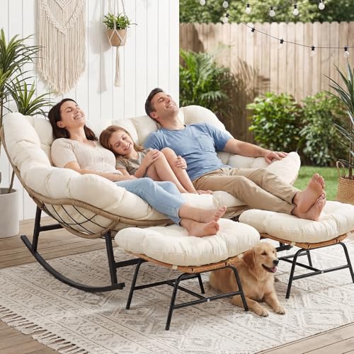 Image of NICESOUL Oversized Double Rocking Papasan Chair with Cushion, 2 Person Big Wicker Outdoor Comfy Recliner, Large Heavy Duty Loveseat for Patio, Balcony, Backyard