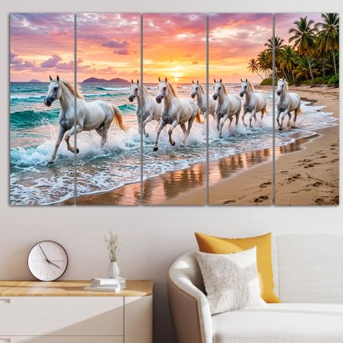 Image of Maxstone 7 Horses Wall Painting for Living Room Big Size - 7 Running Horses Painting Vastu for Bedroom, Office, Hotel - Wall Decor Digital Painting Wooden Framed for Gifting (30x60 inch) M1417