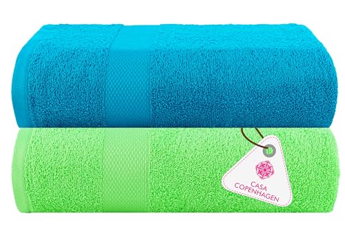 Image of Casa Copenhagen, Super Soft Feather Lite Collection 2 Pieces 100% Cotton Large Bath Towel (Size : 75 x 150 cm) - Lime Green & Teal Blue