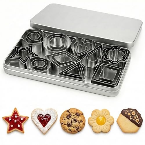 30 Pcs Mini Cookie Cutters Set Stainless Steel Small Geometric Biscuit Cutters for Baking Pastry Fondant & Polymer Clay - Metal Star Heart Flower Round & Square Shape Moulds