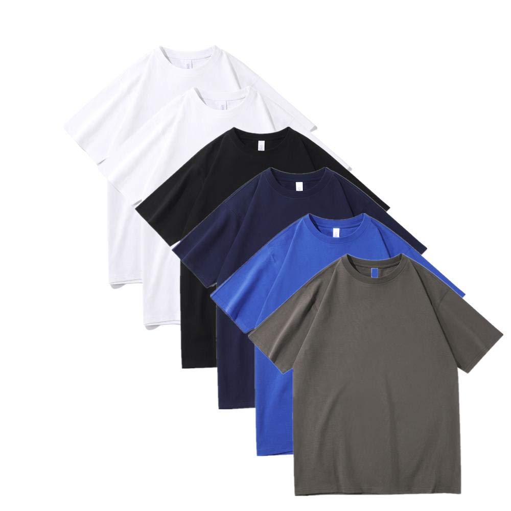T-shirt męski 230 g, ciężki, bawełniany, luźny, na lato, okrągły dekolt, masywny kolor, 6 sztuk, 37, M