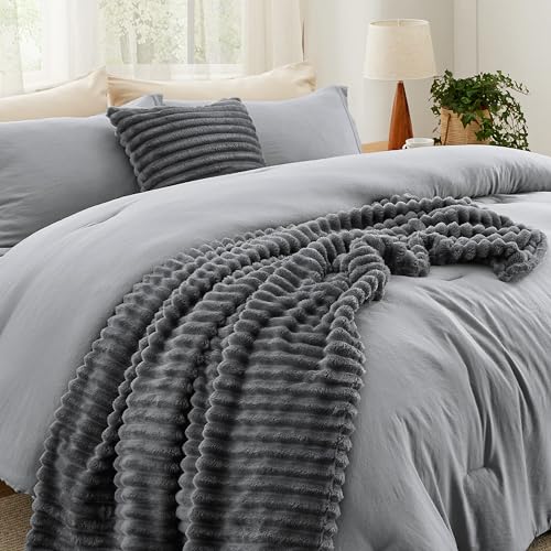 Image of Bedsure Full Comforter Set 5 Pieces - Bed in a Bag with Fleece Throw Blanket and Decorative Pillow, Lightweight Bedding Comforter Sets, All Season Bedding, Dark Grey