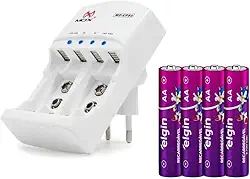 Carregador Mox + 4 pilhas AA recarregáveis 2700 mAh Elgin