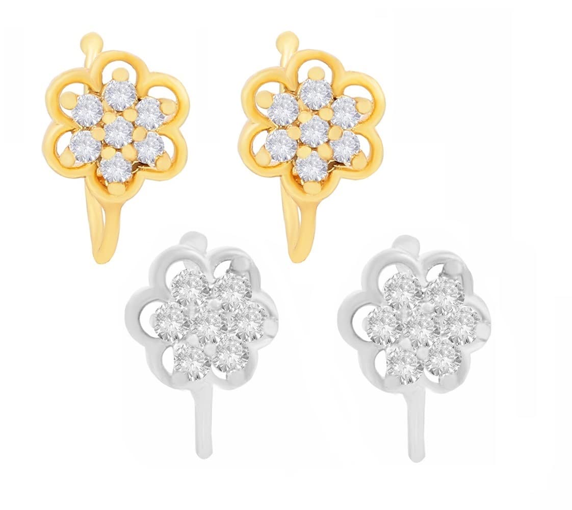 Fashions Nose Ring Non Piercing Pressing Clip On Nose Pin Studs for Women & Girls (2pcs Gold & 2pcs Silver Nose Rings Set)-image-20