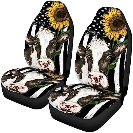 UZZUHI Sunflower Cow Print Front Seat Covers 2 PCs,Vehicle Seat Protector Car Mat Covers,Fit Most Cars,Sedan,SUV,Van Pocket Animal Blue Denim Design