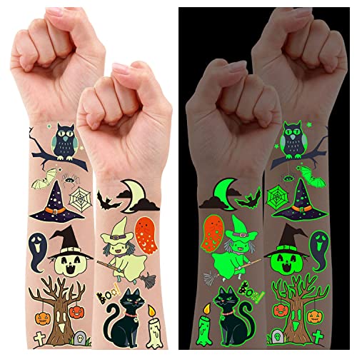 Partywind 250 Styles Glow Halloween Party Supplies, Luminous Halloween Temporary Tattoos for Kids Birthday Party Decorations Favors, Halloween Goodie Bag Fillers (24 Sheets)