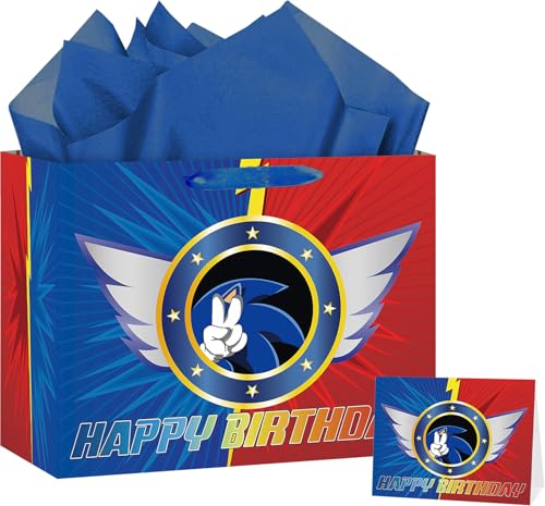 LOYUJI Blue and Red Hedgehog Birthday Gift Bag Large Happy Birthday Gift Bag with Card and Tissue Paper Hedgehog Bday Party Decorations for Boys Friends Baby Shower Party Supplies
