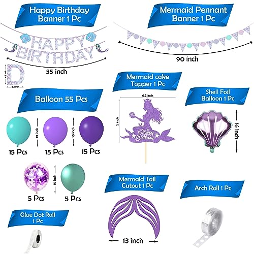 Image of Party Propz Mermaid Theme Birthday Decoration Kit - 62Pcs Cute Items for Girls With Tail Cutout, Balloons, and Happy Birthday Decorations
