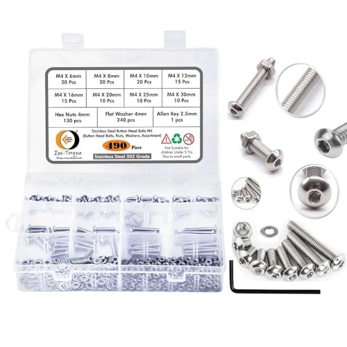 Image of Epi-Torque Stainless Steel 202 Grade Button Head Allen Key Bolt M4 Assortment with Matching Nuts, Washer & Allen Key Pack of 490 Pcs