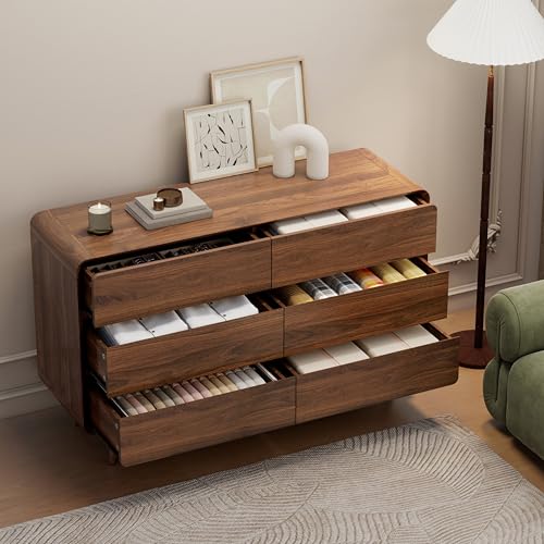 Image of Nasonet Mid Century Modern Dresser for Bedroom, 47'' Wide Dressers & Chests of Drawers with 6 Storage Drawers, Wood TV Stand Dresser for Closet, Walnut