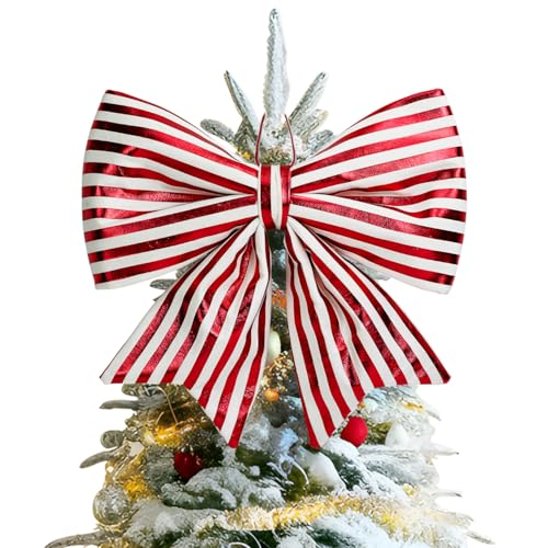 Christmas Tree Bow Decorations, Large Red White Striped Shiny Bows for Xmas Tree Topper Ornaments, Wreaths, Indoor Outdoor Decor, 14x14 Inch (Red White)