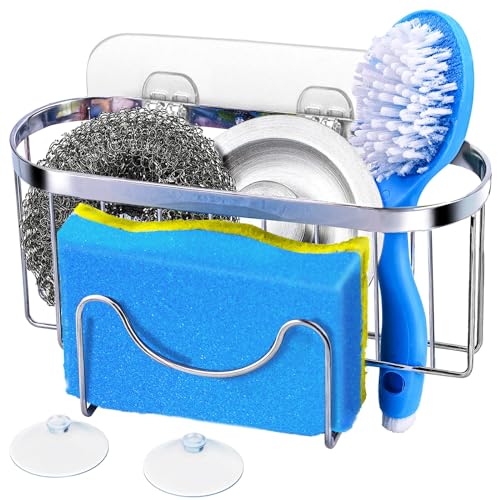 hohom Porte-éponge 3 en 1 pour évier de cuisine avec ventouse, en acier inoxydable SUS304, accessoire de cuisine à suspendre pour panier et brosse, argenté