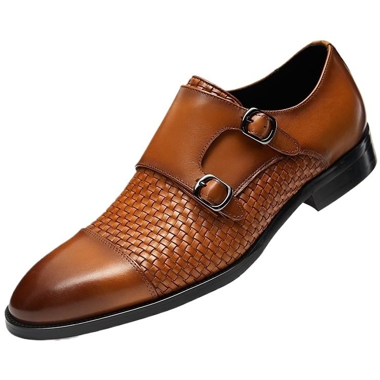 Double Monk Dress Formal Shoes for Men Comfort Orthopedic Office Slip-on Prom Anti-Slip Non Slip Rubber Sole Block Heel Shoe Pointed Toe Top-Grain Leather