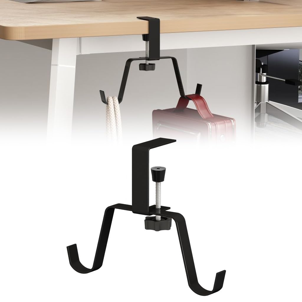 HASTHIP® Desk Mount Bag Hook, Twin Hook Design, No Drill Desk Metal Utility Hook for School, Office, Handbag, School Backpack, Headset
