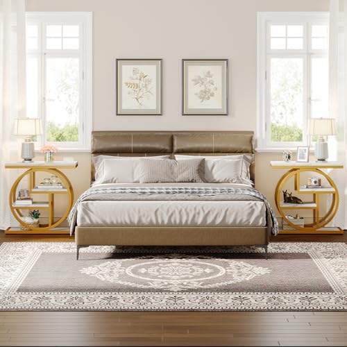 Image of Tribesigns End Table Set of 2, Narrow Faux Marble Side Table with Storage Shelves, 4-Tier Modern Skinny Sofa Side Table with Geometric Metal Frame for Bedroom, Living Room, White & Gold