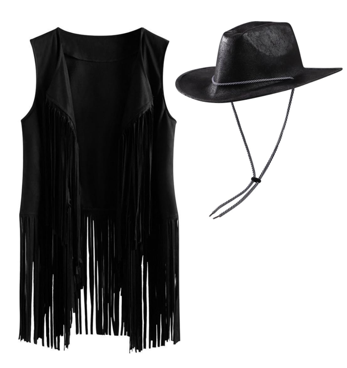 Western Cowgirl Costume for Women Men Vintage Leather Cowboy Hat Faux Suede Sleeveless Fringe Jackets Vest 70s Hippie Costume for Hippie Disco Party Halloween Party Cosplay