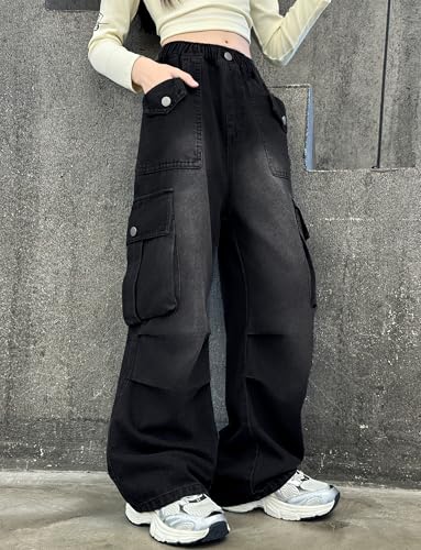 Image of Rolanko Girls Cargo Pants Baggy Y2K Cargo Trousers Jeans Wide Leg Pants with Multi Pockets 4-15 Years