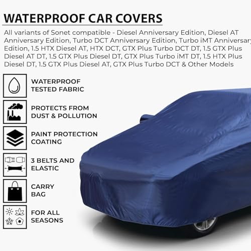 Image of 100% Waterproof Car Body Cover Compatible with Renaults Triber (2015 to 2026), with Mirror Pockets, Long Lasting Strong Durable Material, Bottom Elastic Triple Stitched (Blue)