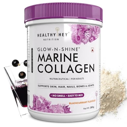 Image of HealthyHey Glow-n-Shine Marine Collagen Powder - Hydrolyzed | Type 1 Collagen Protein Supplement with Hyaluronic Acid | Amino Acids for Skin, Hair, Nails (blackcurrant, 200g)