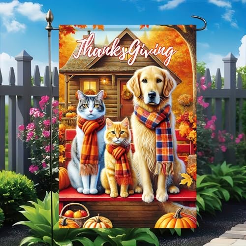Image of BlissYard Thanksgiving Dog and Cat Garden Flag 12x18 Inch Fall Yard Decor | Double sided polyester, dog, cats and pumpkin design, cozy fall decor for porch, garden, lawn and yard