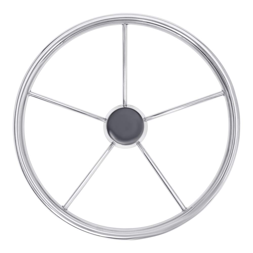 White Water 5-Spoke Destroyer Marine Steering Wheel – 304/316 Stainless Steel, 15-1/2” Diameter, 3/4” Tapered Shaft Fit, 25° Dish, Includes Snap-In Black Cap for Boat, Yacht – 1-Year Warranty
