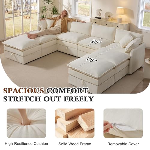 Image of Ihanherry 135 inch Oversized Sectional Sofa Bed with Storage, 8-Seater Modular Cloud Couch with Movable Ottomans, Chenille Deep Seat Sleeper Couches for Living Room (Beige)