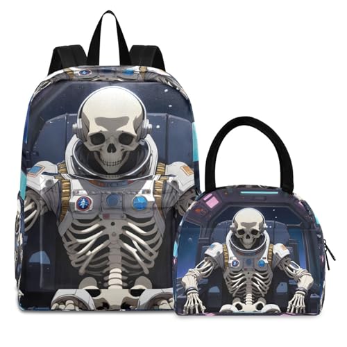 Backpack Lunch Bag Set Skeleton in Spaceship Print, Big Storage Travel Backpacks with Insulated Lunch Box for Office Hiking Picnic