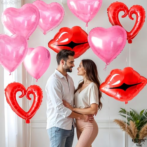 Image of KatchOn, Red and Pink Heart Shaped Balloons - 22 Inch, Pack of 10 | Lips Balloons and Heart Balloons, Valentines Day Decorations | Heart Foil Balloon for Galentines Day Decorations | Valentines Decor