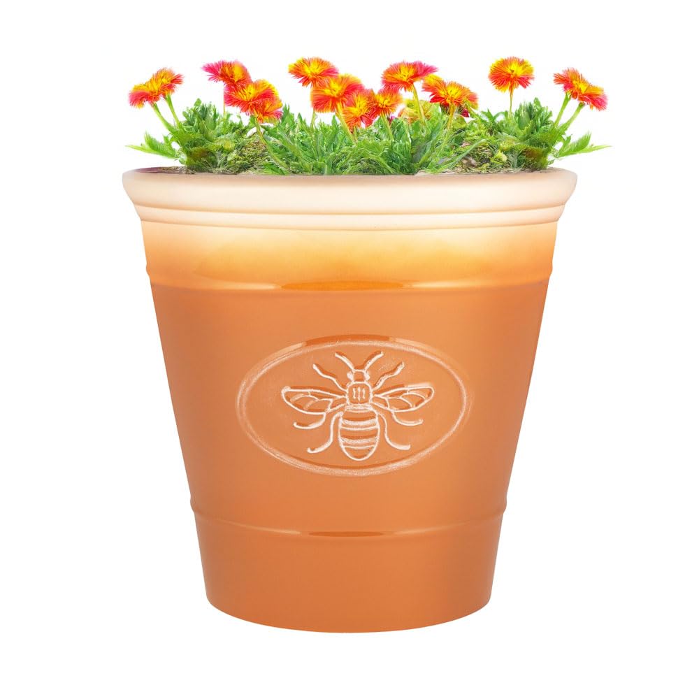 Outdoor Classic Bee Planter | Ceramic Look Round Plastic Flower Pot Glossy Finish | Frost & UV Resistant Traditional Garden Plant Pot | 30 & 40cm | Blue, Brown, Honey (Honeycomb, 40cm - Pack of 2)