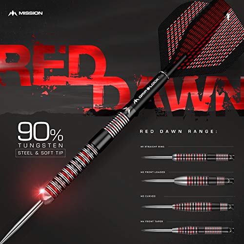 Mission Darts Red Dawn | Premium 90% Tungsten Barrel Steel Tip Dart Set with Flights, Mission Griplock Stems and Case, 25g, M3, Red/Black (D1538)