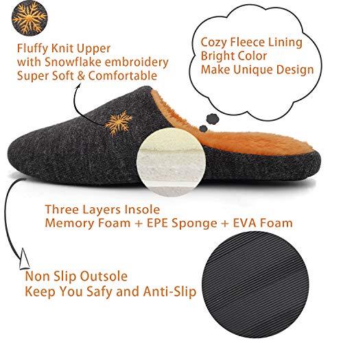 ofoot Women indoor Slippers Woolen Knit Upper with Snowflake Embroidery,Warm Cozy Fleece Lining Non Slip Sole House Shoes (Black+Orange, US 8.5-9.5)3