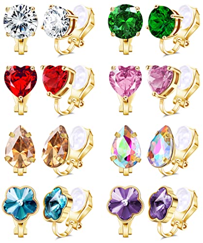 HAIAISO Clip On Earrings Set for Women - Non-Pierced CZ Heart, Butterfly, Flower Earrings - Hypoallergenic, Vibrant Color Birthstone Clip Ons