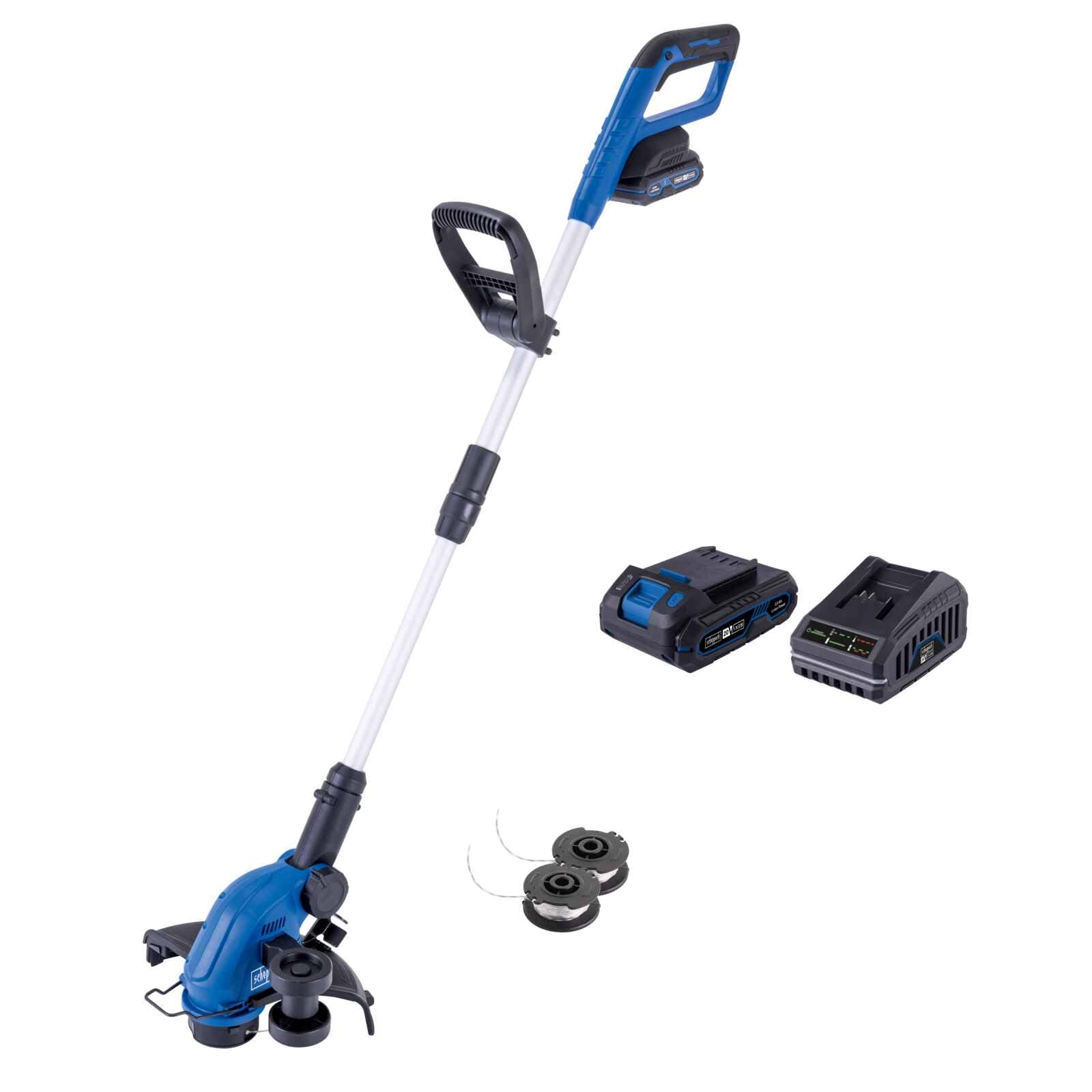 Scheppach Coupe-Bordures sans Fil C-LT300-X 20V | Batterie 2Ah et Chargeur | Largeur de Coupe 300mm | Longueur de Fil 3m | Réglage en Hauteur jusqu'à 270mm | Série 20V-IXES | + 2 bobines de Fil