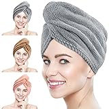 Suntee 3 Pack Microfiber Hair Towel Wrap, Super Absorbent Hair Drying Turban Towel, Quick Drying Hair with Button, Bath Caps for Women Curly, Long & Thick Hair (Pink, Brown, Gray)