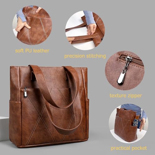 Image of Tote Bags for Women PU Leather Shoulder Bag Zipper Hobo Purses Large Casual Handbag Work Travel Totes