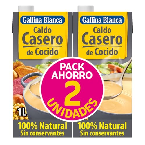 GALLINA BLANCA Caldo Casero de Cocido 100% Natural | Elaborado con Pollo, Ternera, Cerdo, Garbanzos y Verduras de la Huerta, Cocinado a Fuego Lento. Sin Gluten, Sin Conservantes - 1L (paquete de 2)