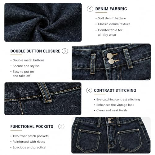 Image of Women's High Waisted Denim Shorts Double Button A-Line Wide Leg Jean Shorts with Flap Pockets Casual Summer Shorts