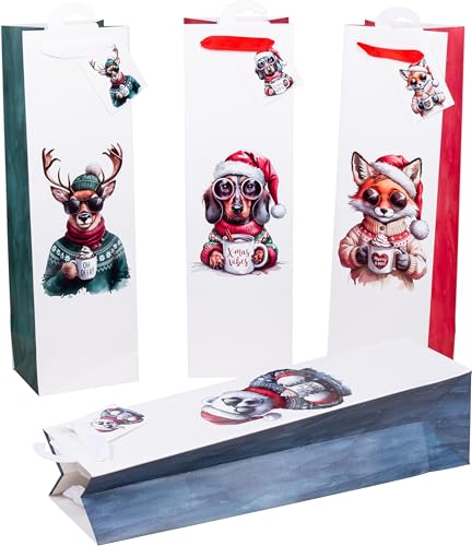 HEKU Weihnachts-Flaschentaschen mit UV-Lack-Veredelung, 4 Stück I X-mas Animals-Motive I 40x12x10cm I Ideal für Wein & Spirituosen I Umweltfreundlich & Wiederverwendbar