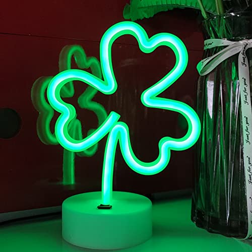 Image of JYWJ Neon Signs with Holder Base,USB or 3-AA Battery Powered Neon Light,LED Desktop Wall Decoration,Various Parties,Decoration of Business Premises(Clover)