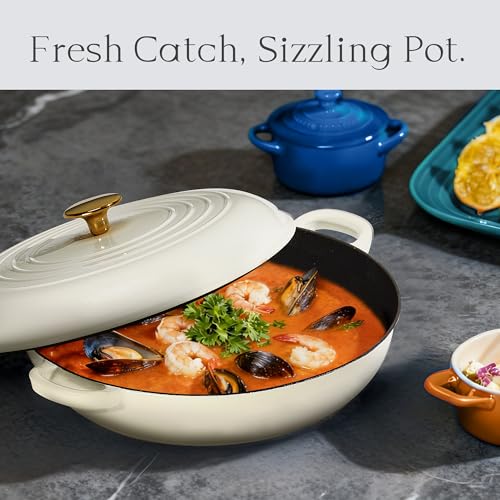 Image of CAROTE 3.4QT Enameled Cast Iron Braiser Pan, Shallow Dutch Oven Casserole Skillets, Non-Toxic Cast Iron Pot with Lid for Grilling, Searing, Baking, Dual Handles, All Stovetop Compatible, White