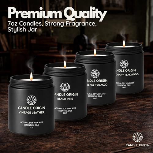 Image of Mahogany Teakwood Candles for Men Gift Set - 4 Pack 7oz Soy Wax with Whiskey Tobacco, Vintage Leather & Black Pine, Masculine Scented Candles, Premium Gift for Him, Man Cave & Office Decor