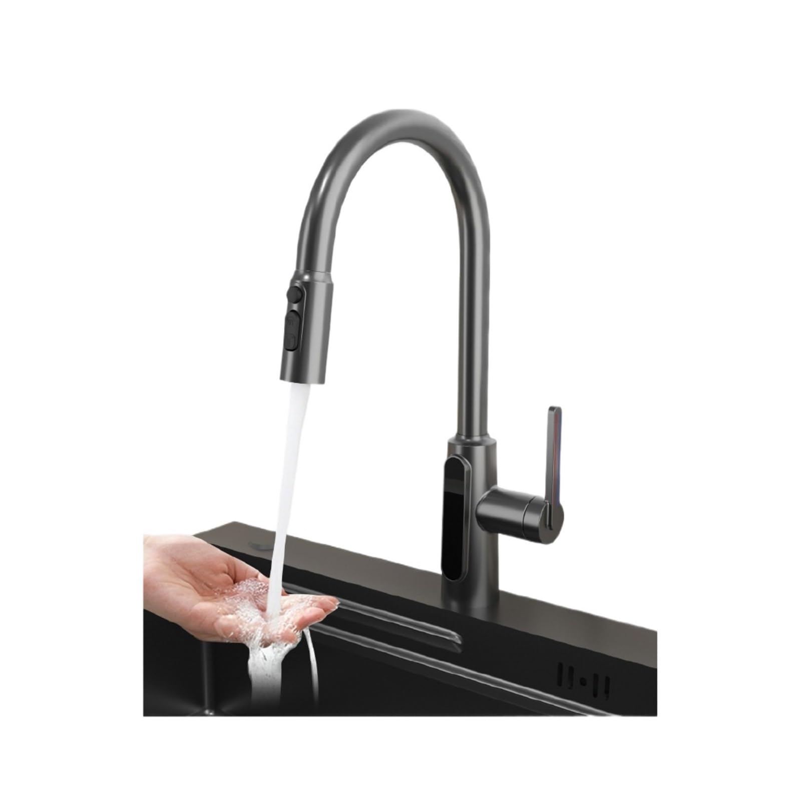 SUS304 Digital Kitchen Faucet, Pull Out PVD Brass Mixer Tap, Waterfall Sink with 1/2 Hoses,Safe and Reliable(Bianco)