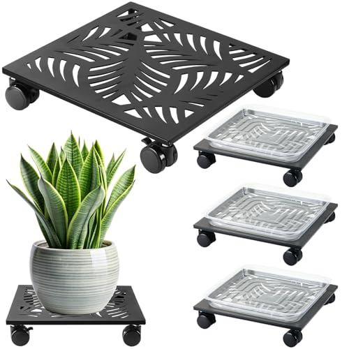 3 Packs 12" Metal Square Plant Caddy with Wheels Large Iron Rolling Plant Stand with Casters Heavy-duty Plant Dolly Coaster Plant Pot Mover Roller Base for Indoor Outdoor, Black