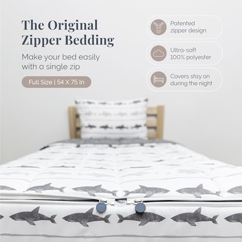 Image of Beddy's Great White Shark Durable Zipper Bedding for Kids - Bed in a Bag - Gray Striped Sheets & Comforter with Grey Sharks - Includes 2 Pillowcases & 2 Shams - Full
