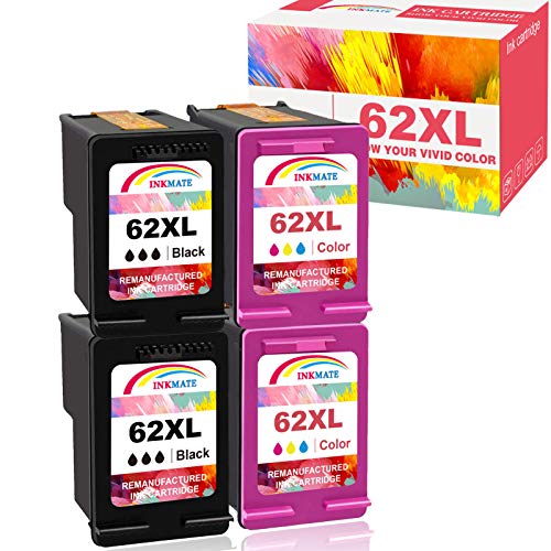 INKMATE Re-Manufactured Ink Cartridge Replacement for HP 62XL 62 XL for HP Officejet 5740 5742 5745 8040 8045 Envy 5540 5640 5642 5549 5660 7640 7644 7645 OfficeJet 200 250(2Black/2Tri-color, 4Pack)