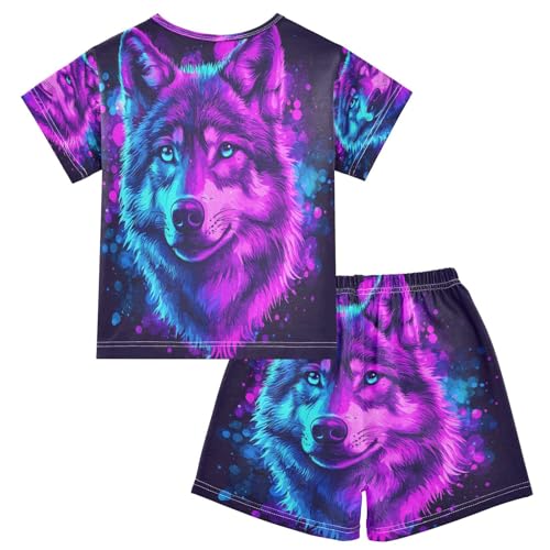 ALAZA Color Wolf Blue Pajamas Set Short Sleeve Cotton Sleepwear Summer Pjs 2 Piece 5-14Y2